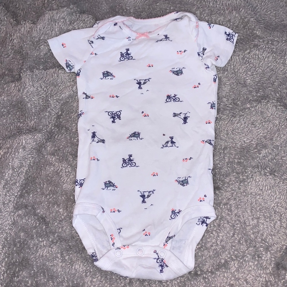(3 for $10) Carter’s bicycle print white and purple onesie/bodysuit 12 months
